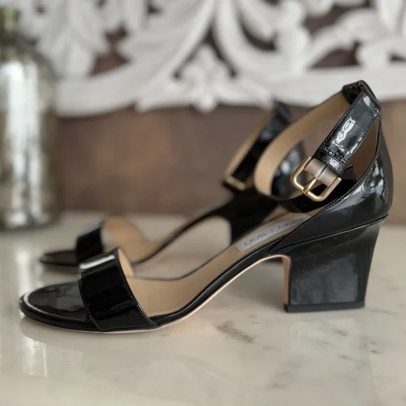 JIMMY CHOO Black patent leather low wedge heel sandals ankle strap